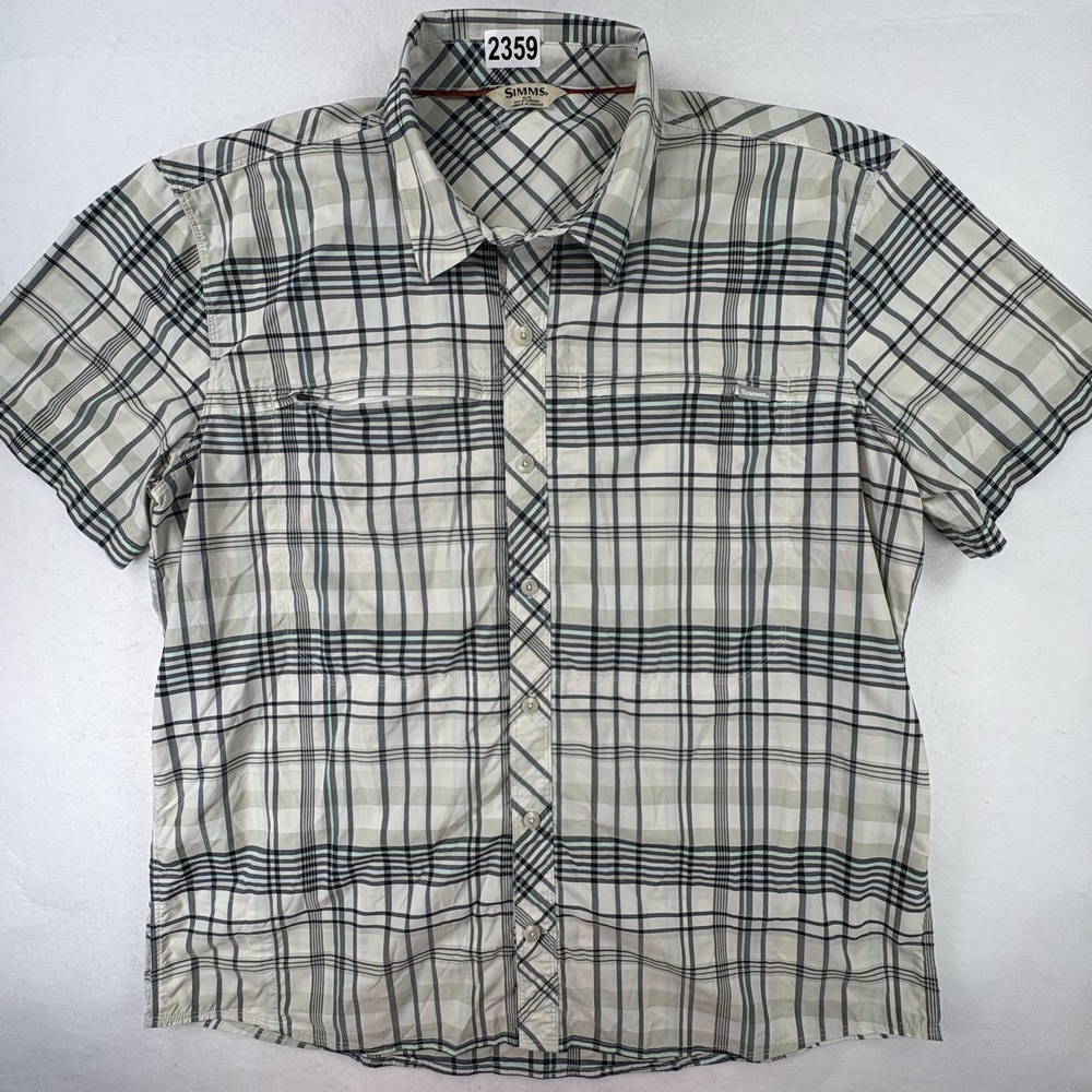 Simms Shirt Mens XL Beige Plaid Short Sleeve Button Up Fishing Outdoor Stretch